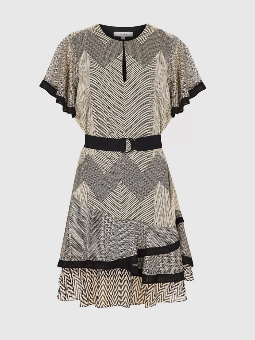 NEW! Reiss Hannah Zig-Zag Printed Tiered Belted Chiffon Mini Dress Size 2